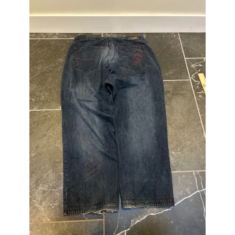 Arvei Vintage Y2K Baggy Hip Hop Jeans Mens 42x34 Dark Wash Red Embroidered Wide
